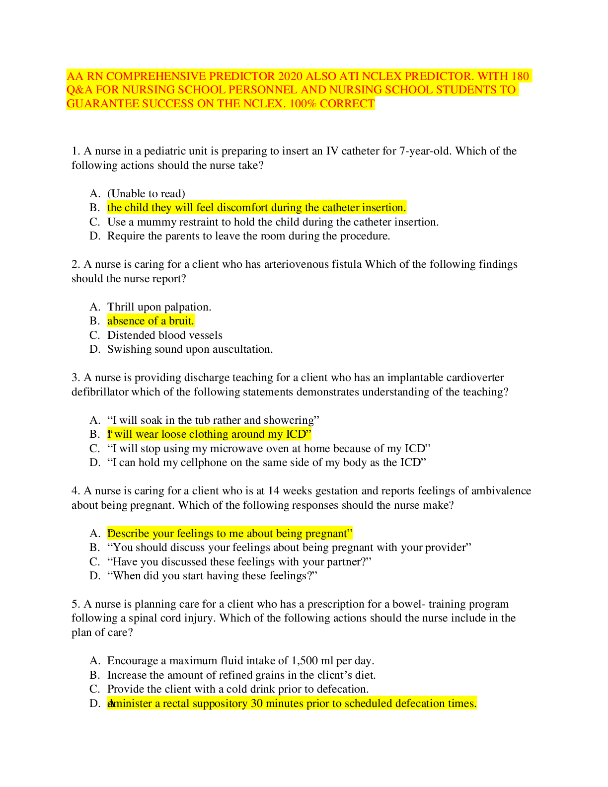 Preview image for AA RN COMPREHENSIVE PREDICTOR 2020 ALSO ATI NCLEX PREDICTOR. WITH 180 Q&A FOR NURSING SCHOOL PERSONNEL AND NURSING SCHOOL STUDENTS TO GUARANTEE SUCCESS ON THE NCLEX. 100% CORRECT